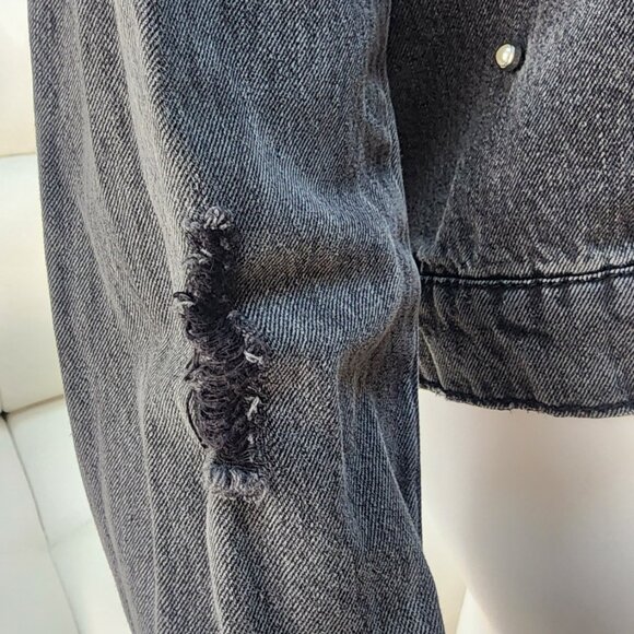 TINSEL Women’s Distressed Black Denim Jacket with Pearl Accents - Size S - Picture 5 of 12